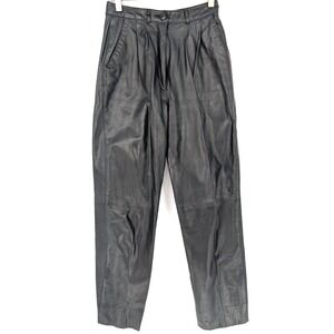 VTG 80s 90s Womens Black Leather High Rise Pleated Pant 8 Moto Edgy Glam Retro